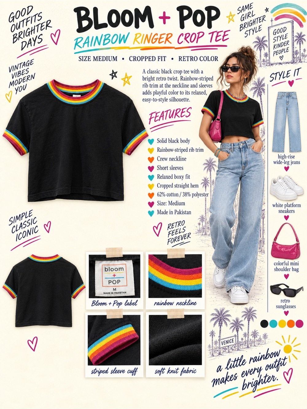 bloom Black Crop Tee with Rainbow Rib Trim